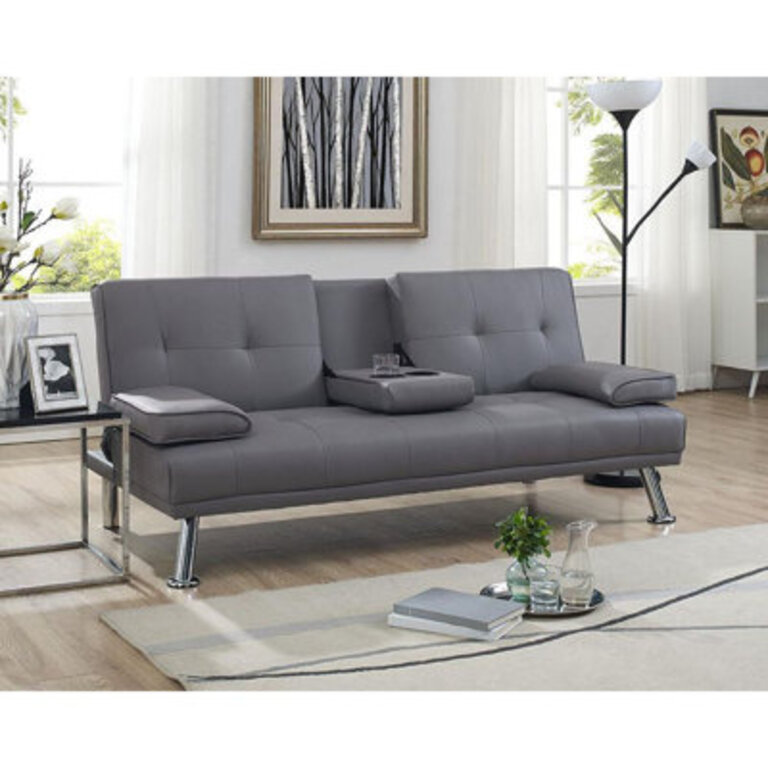 Hosey Twin 66 Wide Faux Leather Tufted Back Sleeper Pull Out Sofa Bed Couch Convertible with Metal