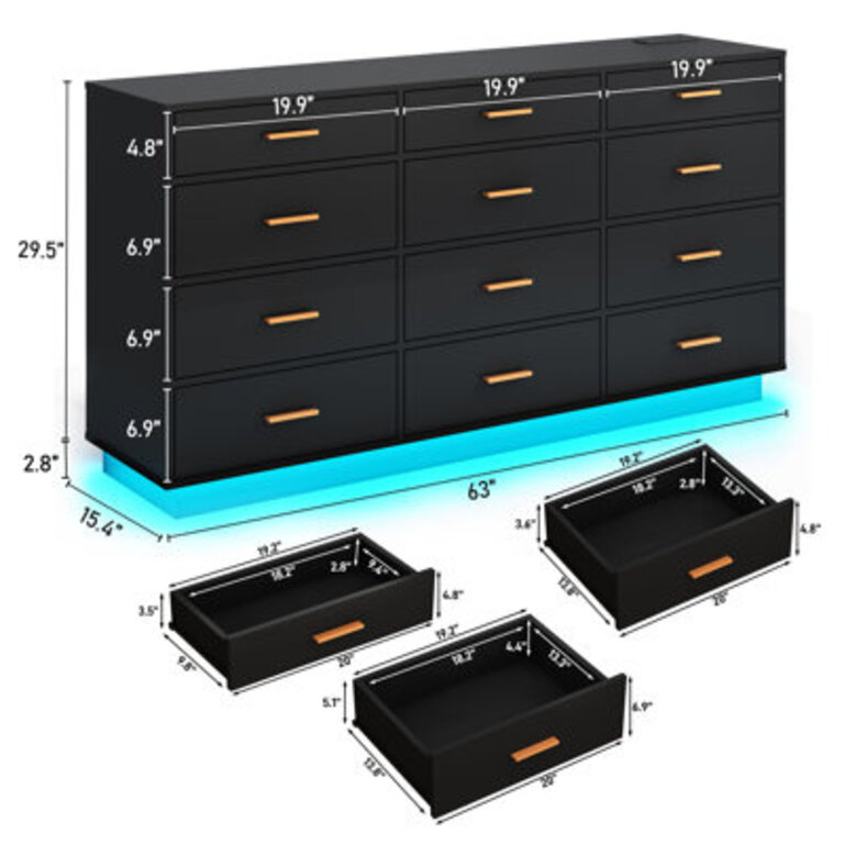 12 Drawer Dresser With LED Lights and Charging Station For Bedroom Living Room Entryway and Hallway