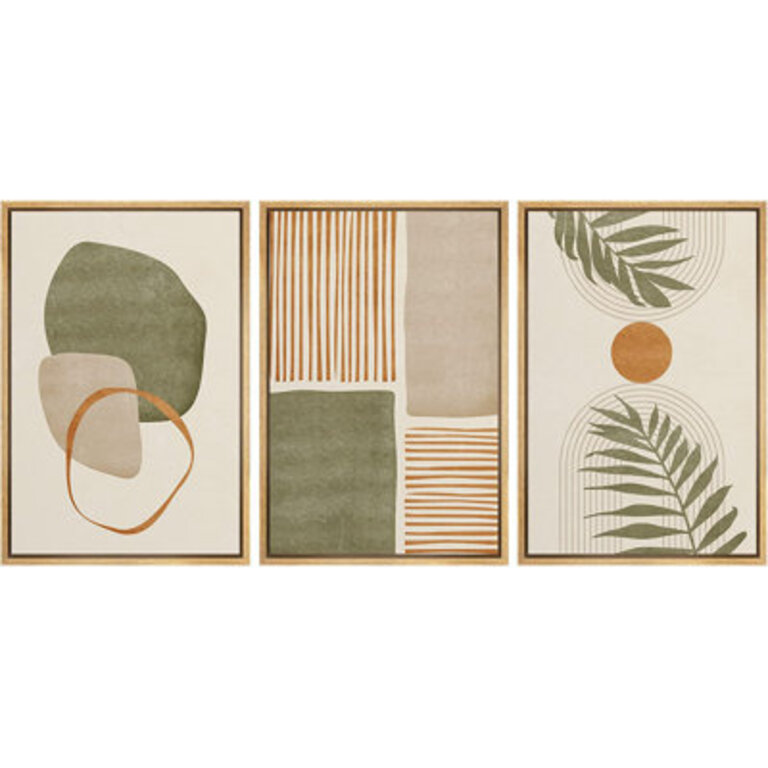 Mid Century Modern Boho Organic Tropical Leaf Artwork Neutral Abstract Warm Pictures Framed Canvas 3 Pieces Giclee Print Wall Art