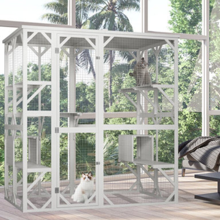 713 Height Catio Outdoor Cat Enclosure With Roof 3 Jumping Platforms And 2 Napping Houses For Cat white