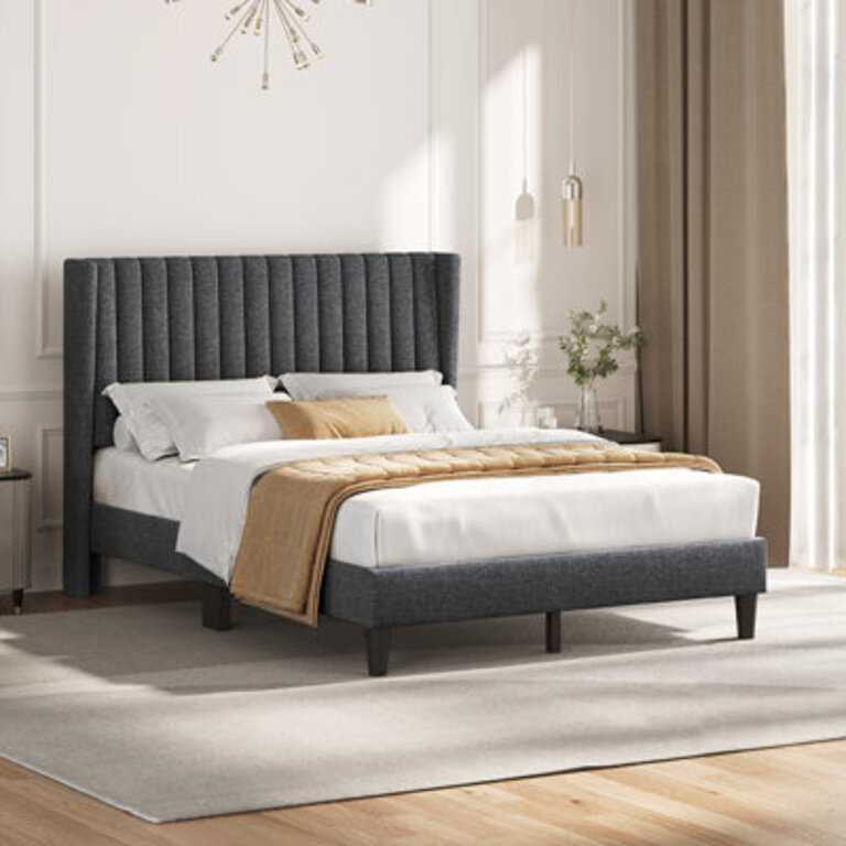 Velvet Upholstered Platform Bed with Wingback Headboard