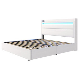 Berneil Upholstered Bed Frame with RGBW LED Lights Headboard  4 Storage Drawers