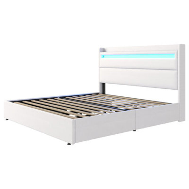 Berneil Upholstered Bed Frame with RGBW LED Lights Headboard  4 Storage Drawers