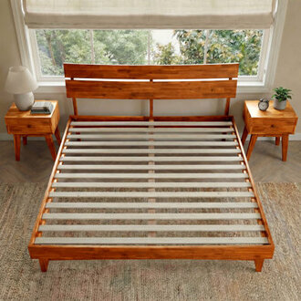 Acacia Aurora Premium Solid Wood Platform Bed Frame and High Headboard Bed Frame with Headboard Included Mid Century Modern Bed Frame
