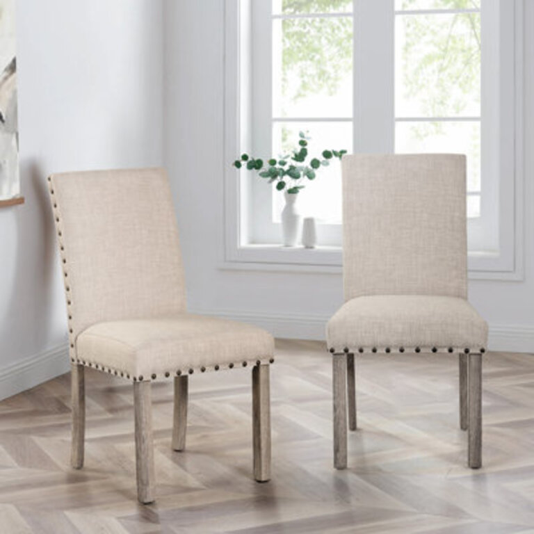 Upholstered Linen Dining Chair In Beige Set of 2