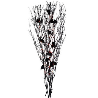 4 Black Glittered Halloween Branch with Bats - Orange LED Lights