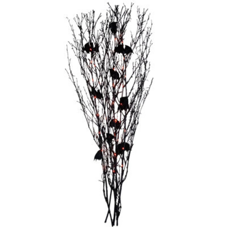 4 Black Glittered Halloween Branch with Bats - Orange LED Lights