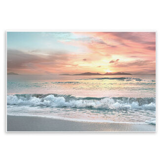 Morning Sunrise Beach Landscape Distant Mountains Rolling Tide Black Framed Giclee Texturized Art By Mike Calascibetta