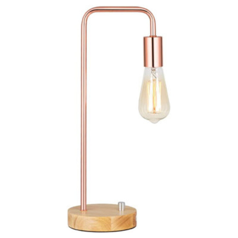 Table Lamp Industrial Bedside Lamp Wooden Base Metal Rose Gold Tube