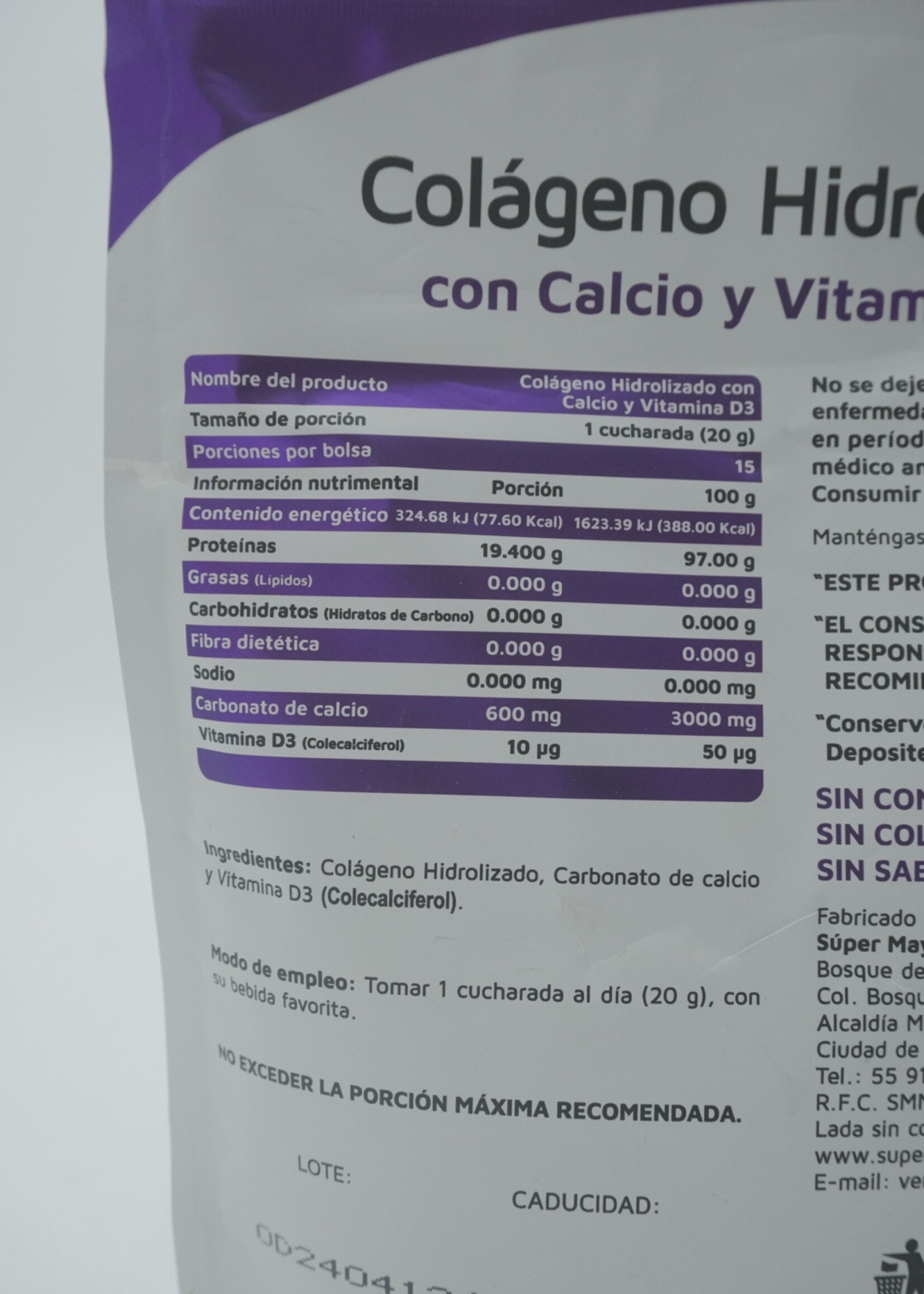 VIDANAT COLAGENO CALCIO Y VITAMINA D3 300 GR/ 15 SERV