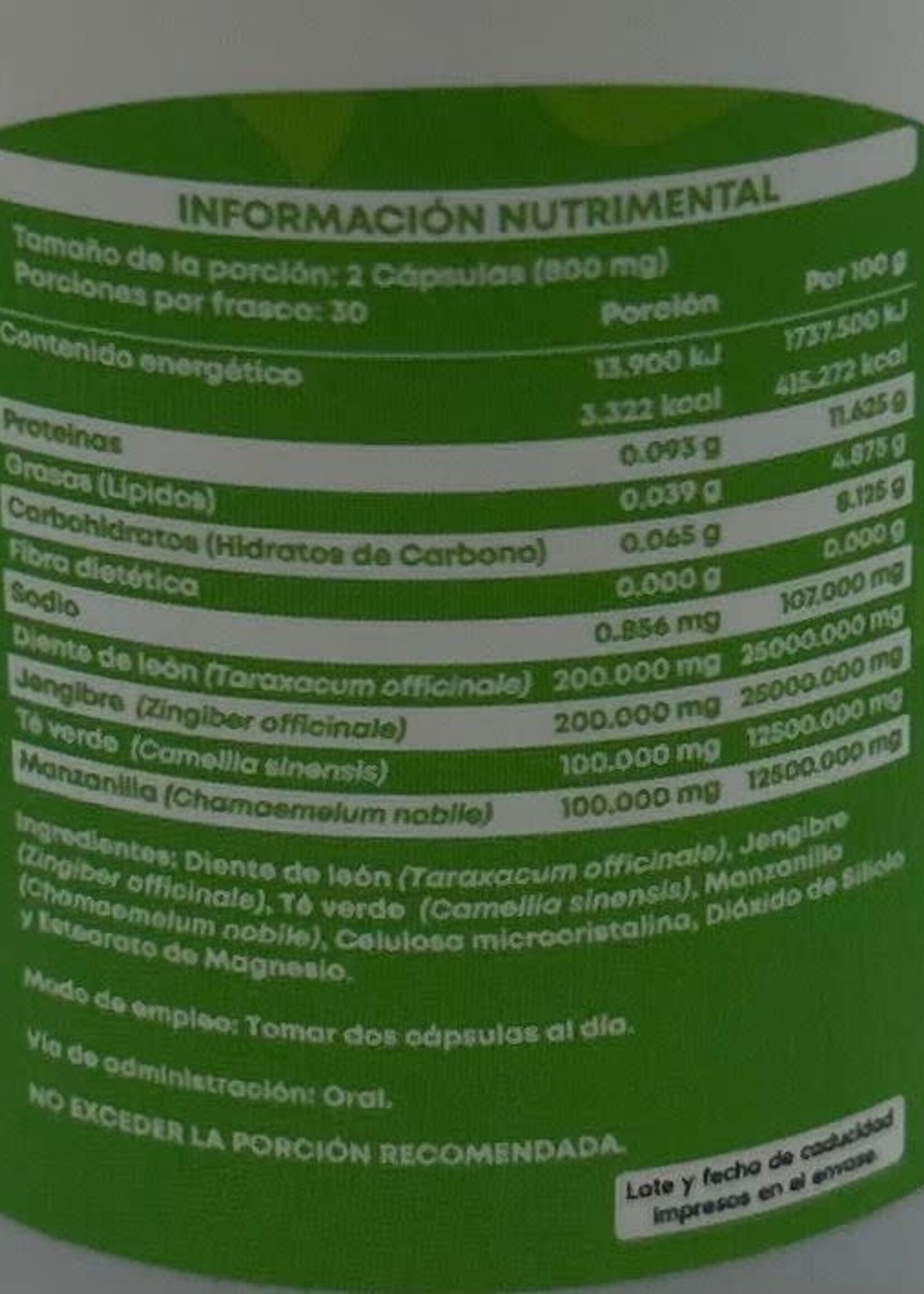 D GREEN DIENTE DE LEON, JENJIBRE, TÉ VERDE Y MANZANILLA 400 MG/60 CAP