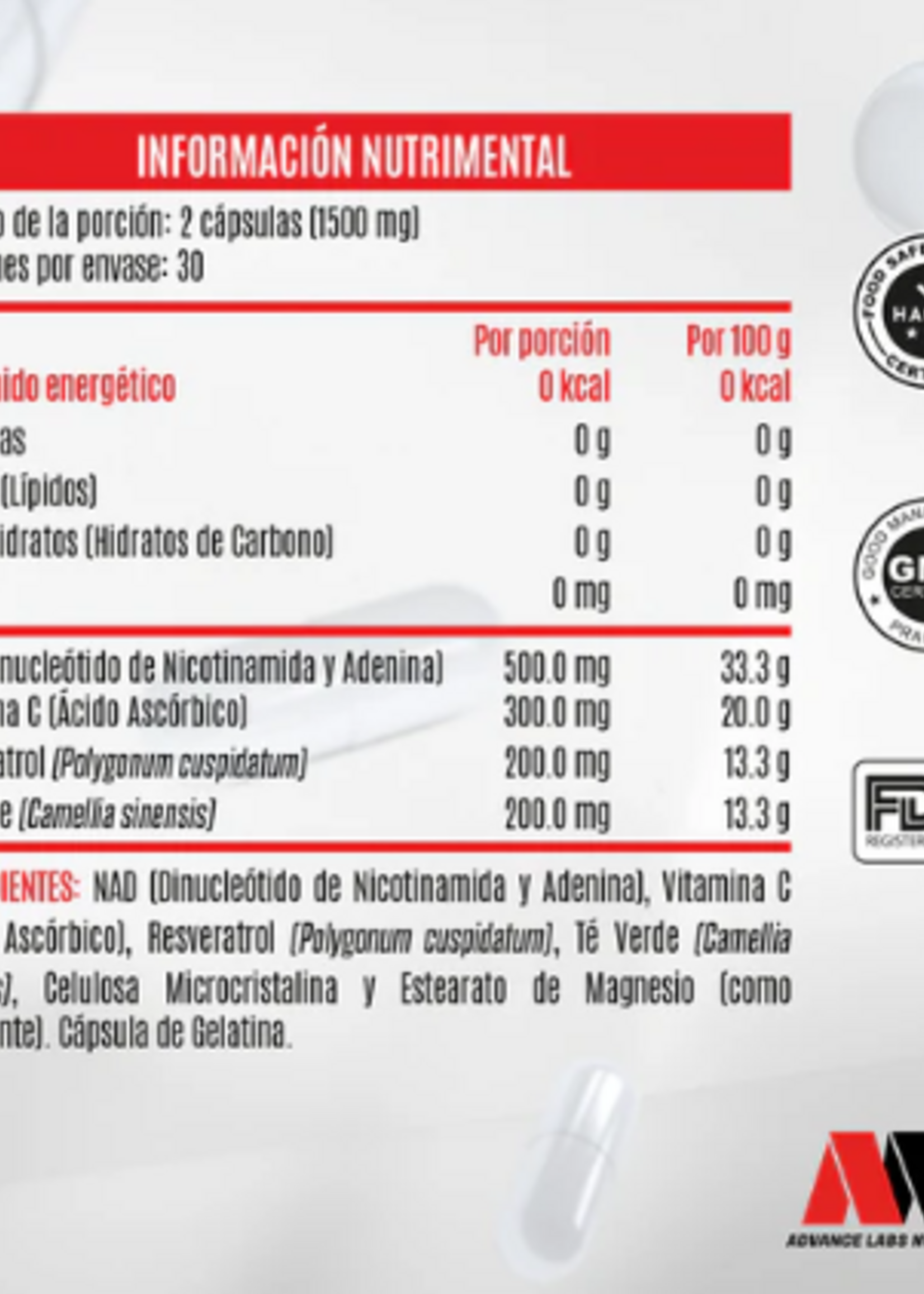 ADVANCE NUTRITION NAD +RESVERATROL + TE VERDE 60  CAP 750 MG ADVANCE