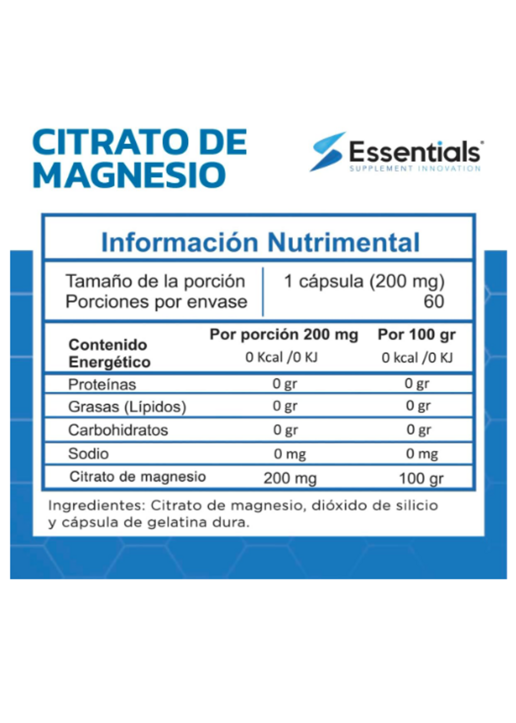 ESSENTIALS CITRATO DE MAGNESIO ESSENTIAL 200 MG/60 CAP