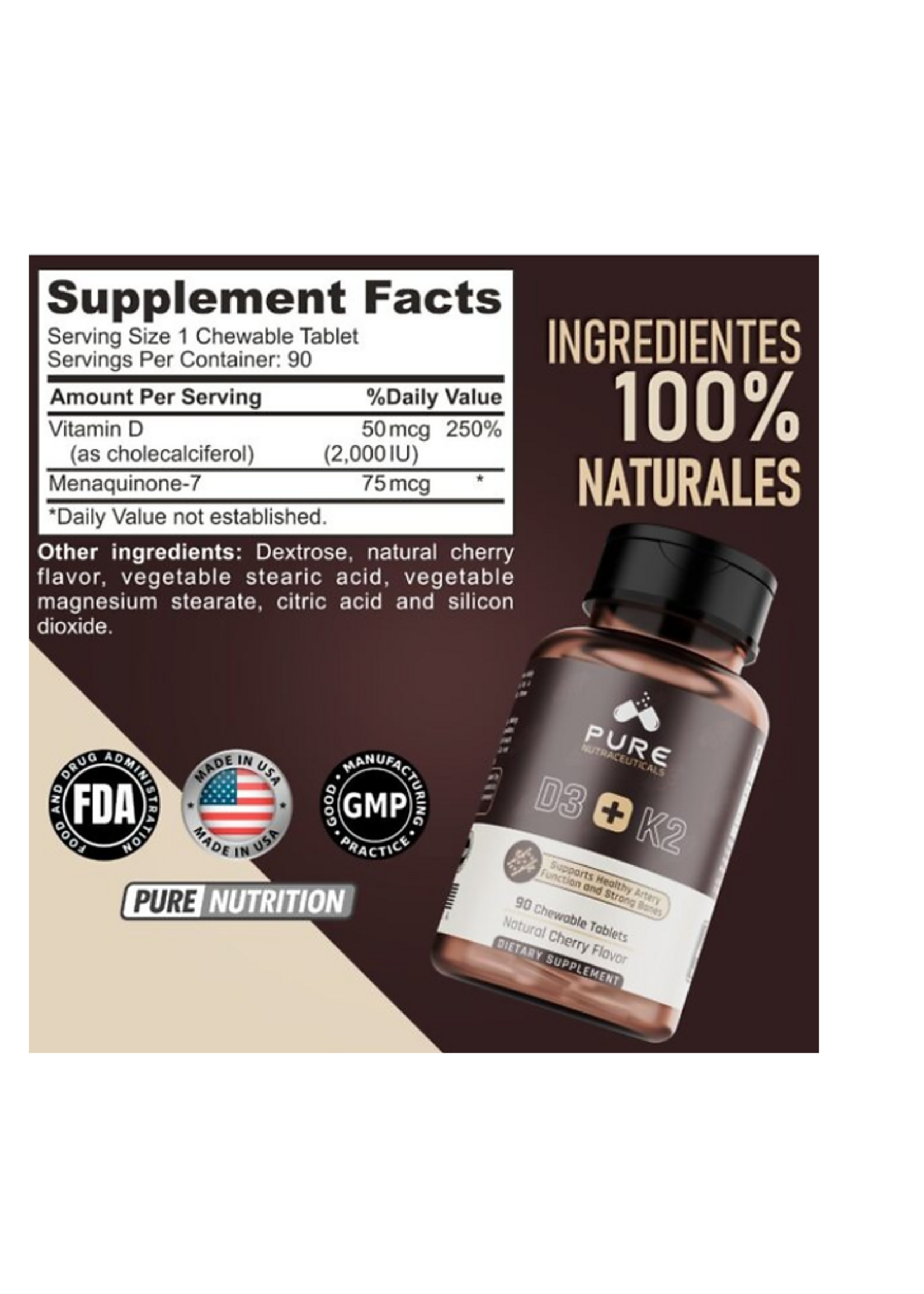 PURE NUTRACEUTICALS VITAMINA D3 + K2 90 TABLETAS CHERRY PURE NUTRACEUTICALS