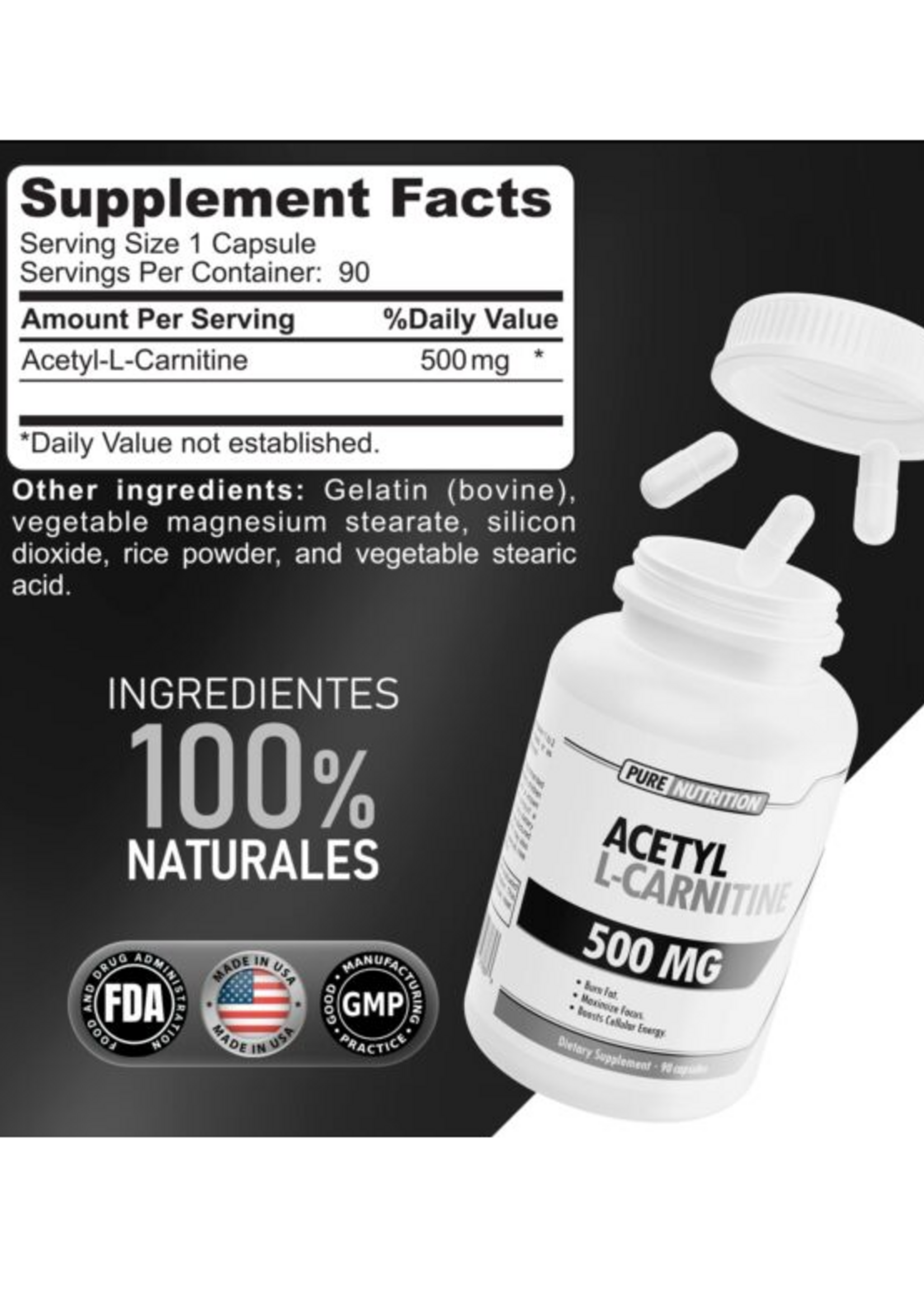 PURE NUTRITION ACETYL L-CARNITINA PURE NUTRITION 500 MG/90 CAP