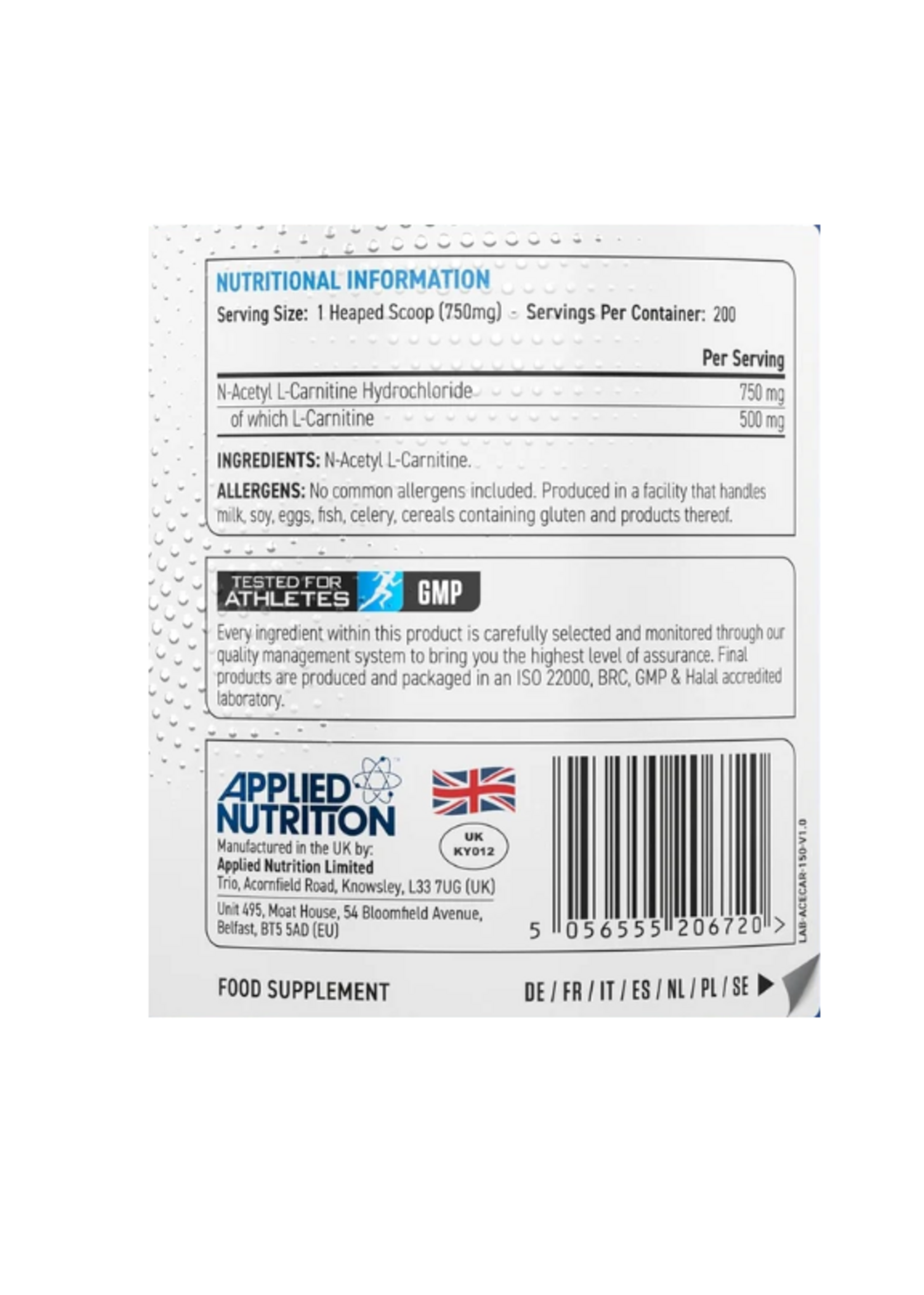 APPLIED NUTRITION ACETYL L - CARNITINA APPLIED NUTRITION 200 SERV