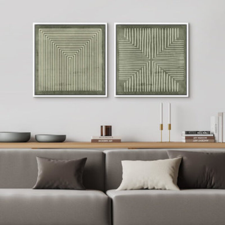 Green Geometric Abstract Line Minimalist - Framed Canvas Master Bedroom Wall Art Work 2 Pieces Print Frame Color: White, Overall Size: 24" H x 24" W