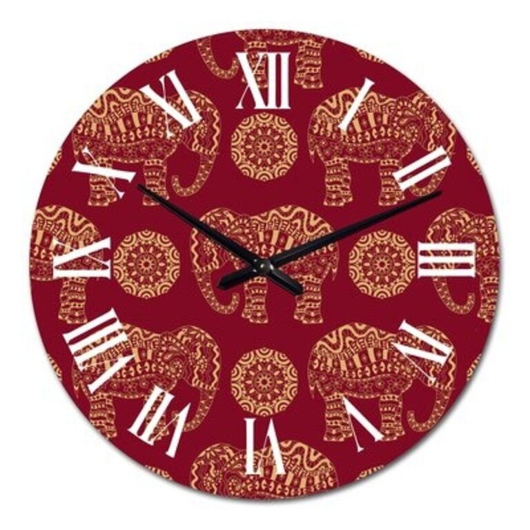 Indian Elephant and Mandala on Red - Patterned Wall Clock Size: Medium