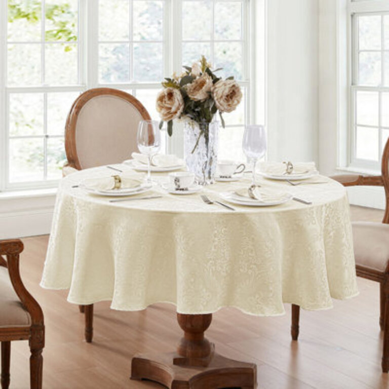 Corson Woven Damask Jacquard Polyester Tablecloth Size: 90" L x 90" W Round, Color: Ivory