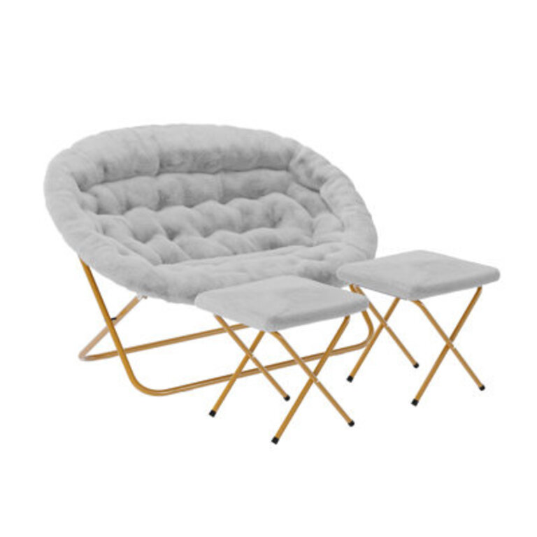 Double Folding Faux Fur Saucer Chair With 2 Ottomans Fabric OR Leather Type: Gray Polyester