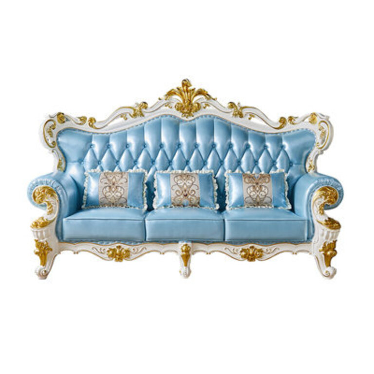 European Style Leather Solid Wood Luxury Sofa 90.5'' Genuine Leather Rolled Arm Sofa