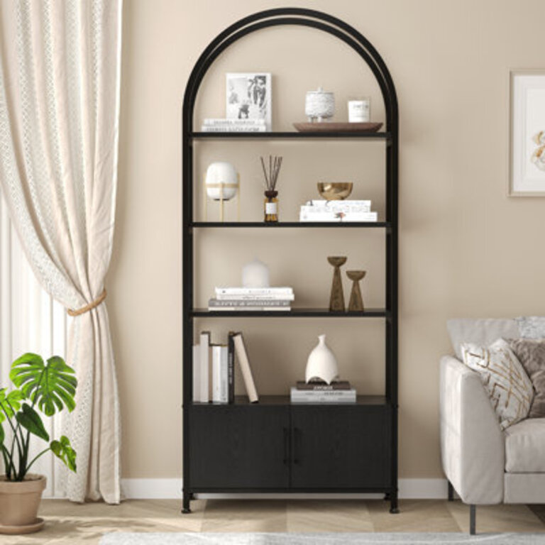 4-Tier Open Bookshelf With Drawers, Arched Color: Black