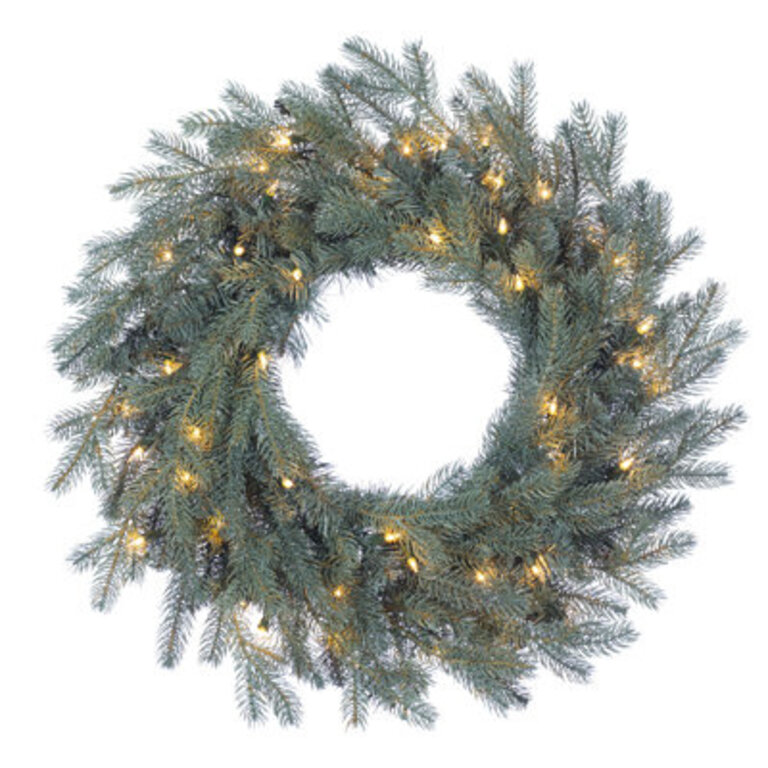 24 Inch Diameter Pre Lit Blue Spruce Wreath With 50 Warm White LED B/O Lights