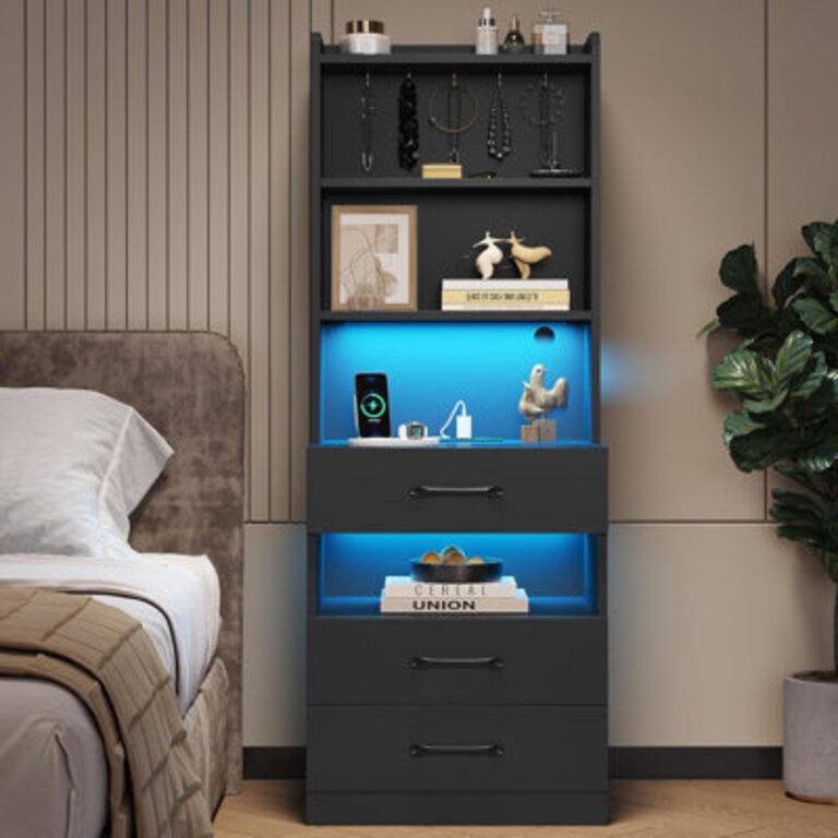Manech 518 Tall Nightstand with Charging Station and LED Lights