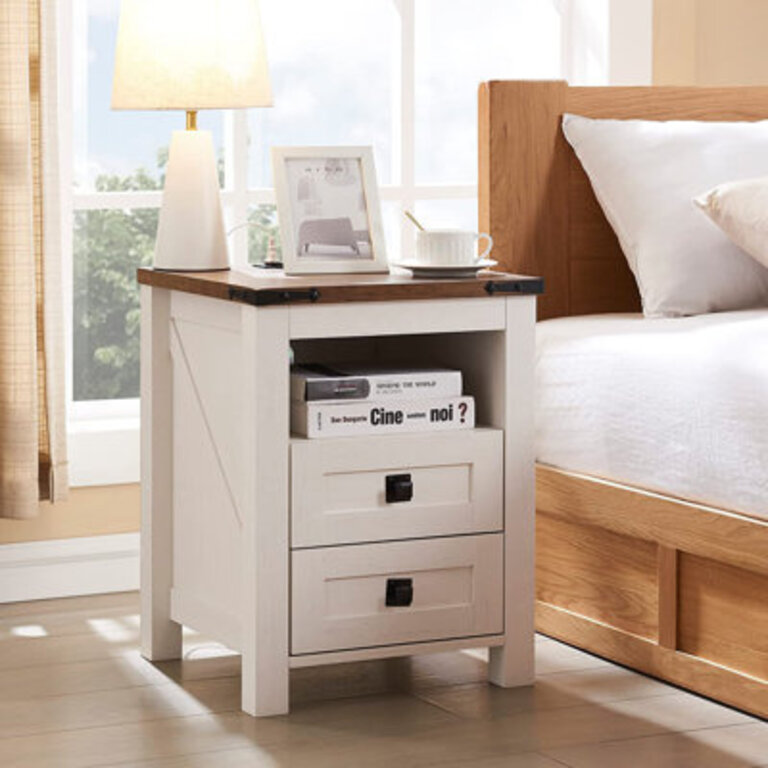 Adaija 18W Nightstand with Charging Station Farmhouse End Table with 2 Drawers  Open Storage