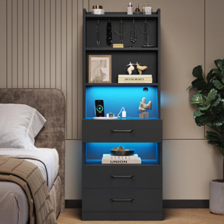 Manech 518 Tall Nightstand with Charging Station and LED Lights