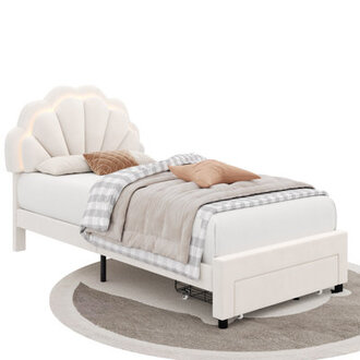 Burlyn Upholstered LED Bed Frame with Drawer  Adjustable Headboard