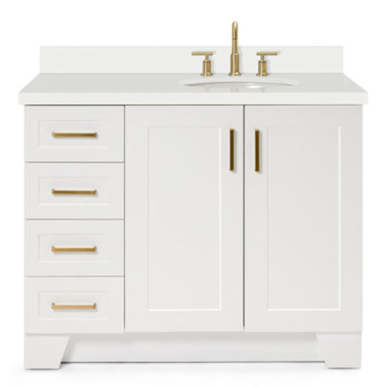 Frawley 42 Solid Wood Single Bathroom Vanity with 15 White Quartz Top Right Offset Oval Sink