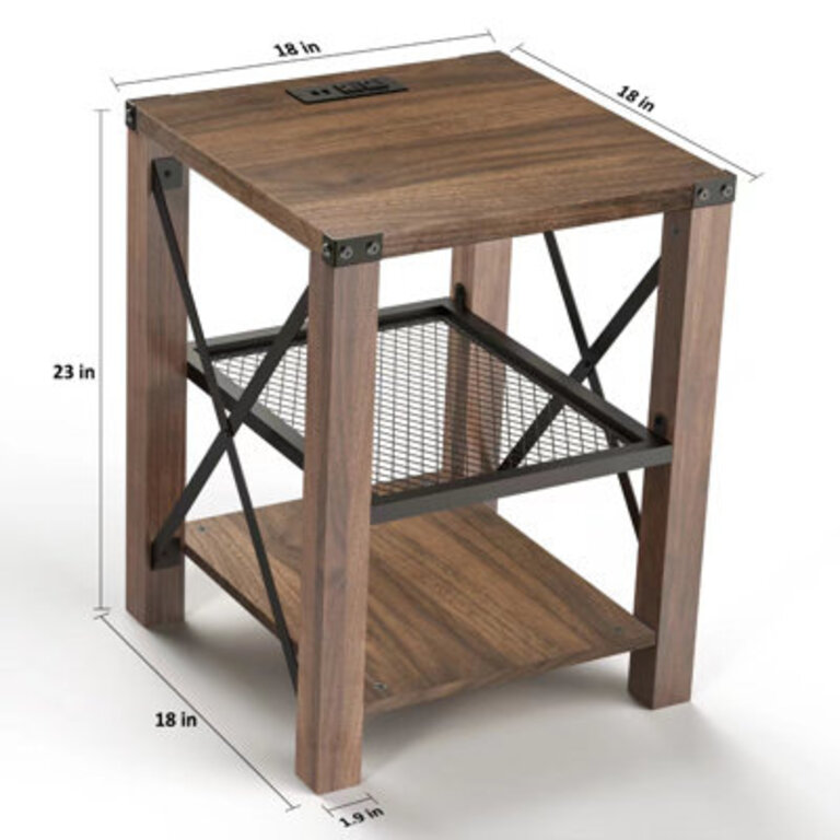 Eidelweiss Tall End Table Nightstand with 2 USB Ports 2 Power Outlets and 2 Storage Shelves