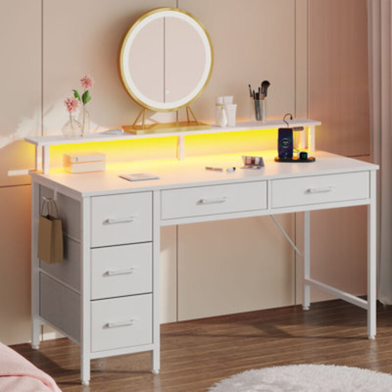 Computer Desk with Monitor Stand  Charging Station Gaming Desk with LED Lights   Drawers