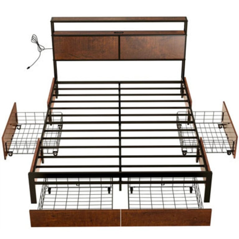 Antioch Modern Bed Frame with 4 Drawers and Open Storage Headboard Adjustable LED Light and Charging Station No Box Spring Needed