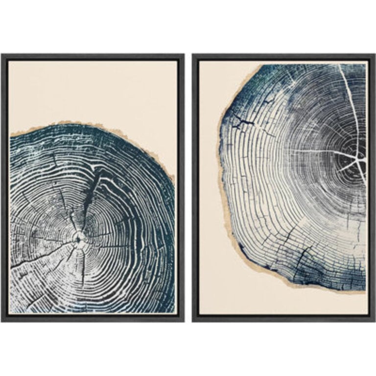 Navy Blue Wood Tree Ring Simple Minimalist Modern Artwork Framed Canvas 2 Pieces Print Wall Art