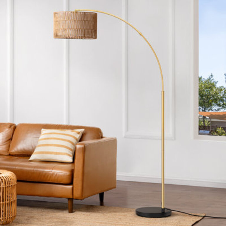 76 Rattan Arched Dimmable Floor Lamp With Remote Control And Bulb Included