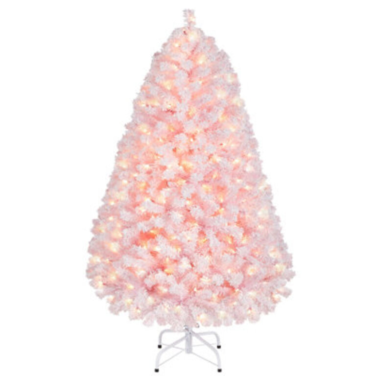 Pre-lit Flocked Artificial Christmas Tree with Foldable Stand