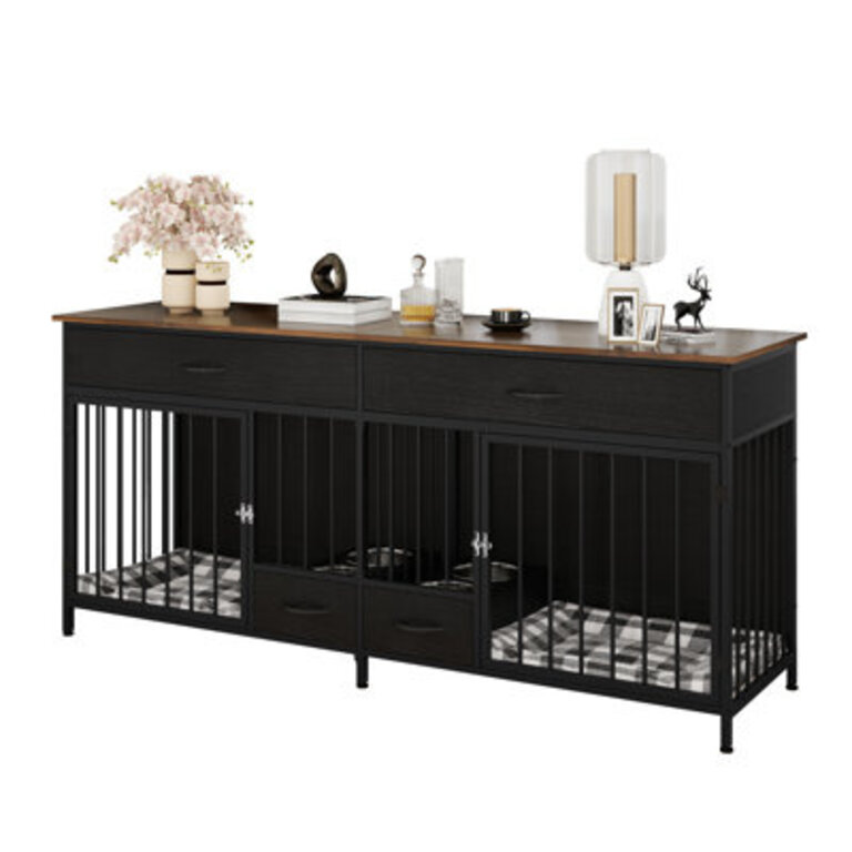 Wood 75W Double Dog Crate Furniture with 2 Feeders 2Drawers