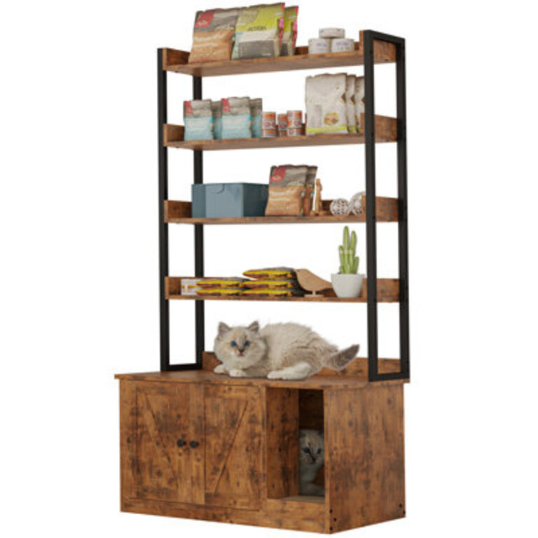 Litter Box Enclosure With Shelves And Doors