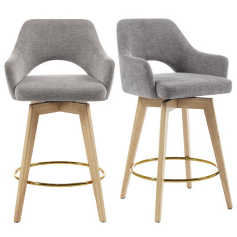 Lovetro Swivel Full Back Linen Upholstered 268H Counter Stool with Solid Wood Frame and Arms