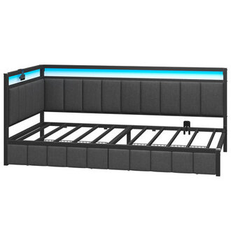 Corner Bed Frame with LED Lights and Charging Station Cord Cloth Upholstered Bed with 2 Underbed Storage Drawers Modern Sofa Bed No Box SpringNo Noise Gray