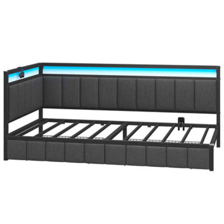 Corner Bed Frame with LED Lights and Charging Station Cord Cloth Upholstered Bed with 2 Underbed Storage Drawers Modern Sofa Bed No Box SpringNo Noise Gray