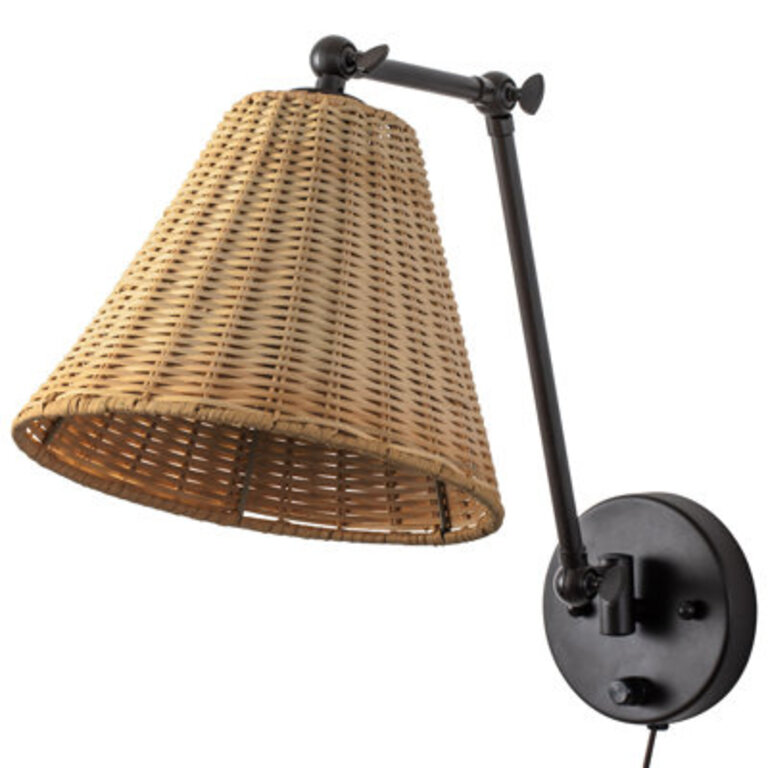 Zavala Plug-InHardwired Black MetalNature Rattan Shade Dimmable Swing Arm Sconce