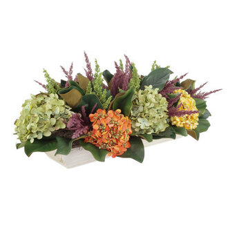 Fall Floral Arrangement with Hydrangeas and Magnolia Leaves