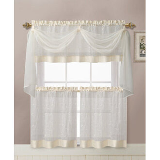 Kenmore Linen Leaf Semi-Sheer Embroidered Kitchen Curtain