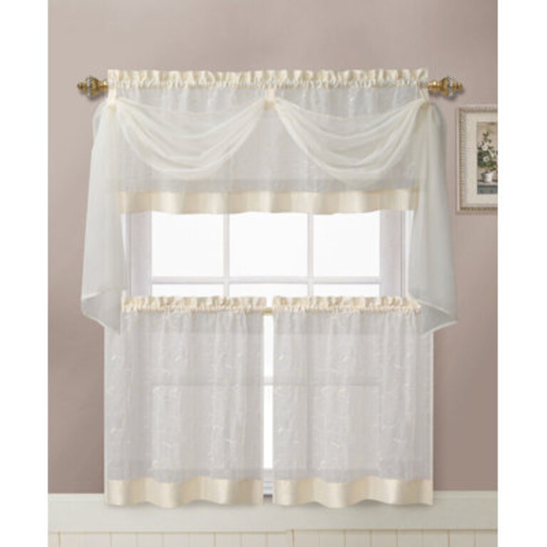 Kenmore Linen Leaf Semi-Sheer Embroidered Kitchen Curtain