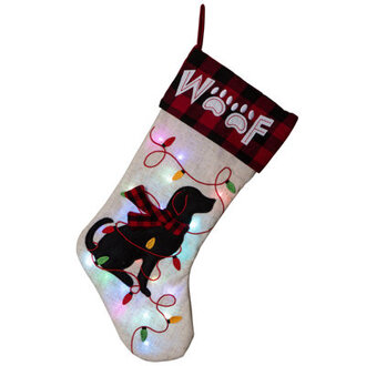 LED Embroidered Linen Christmas Dog Stocking