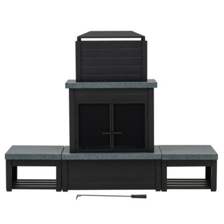 Sunjoy Outdoor Fireplace Patio Wood Burning Steel Fireplace with Chimney Log Holders Fireplace Tool and PVC Cover