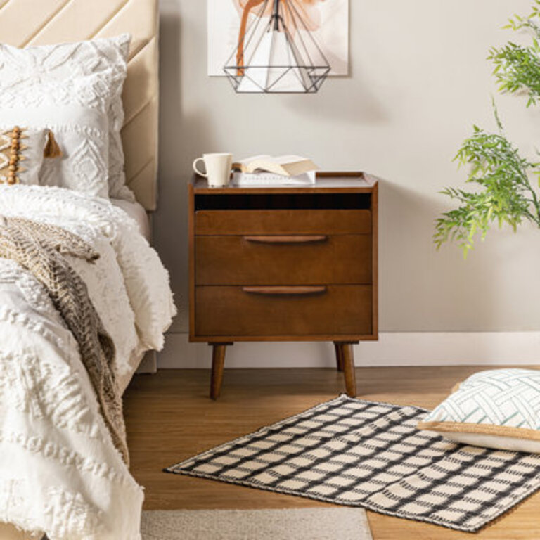 Sebrina Mid-century Modern 24W 3-Drawer Nightstand with Charging Station and Solid Wood Legs